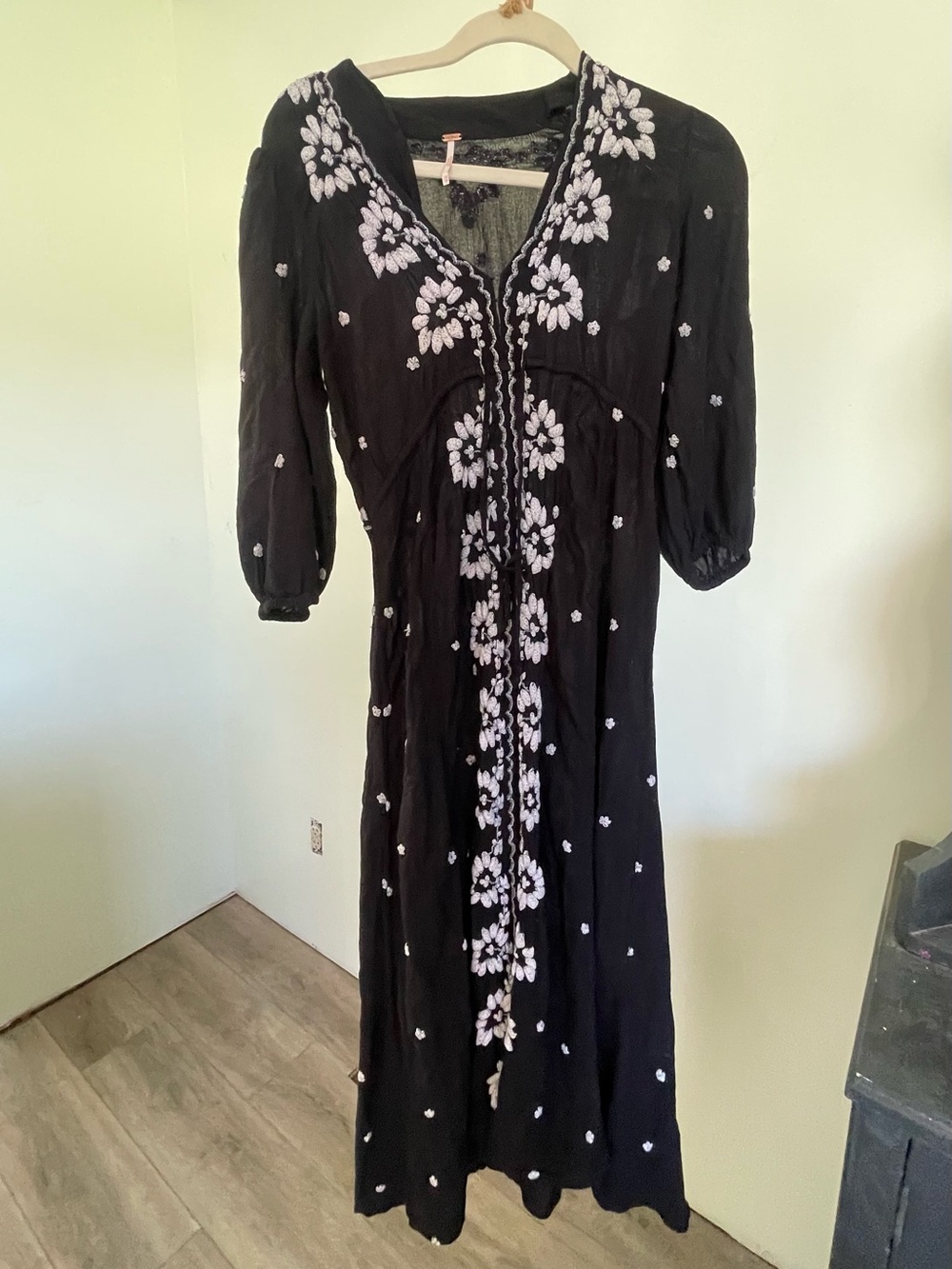 Free People Black Maxi Dress with White Floral Embroidery